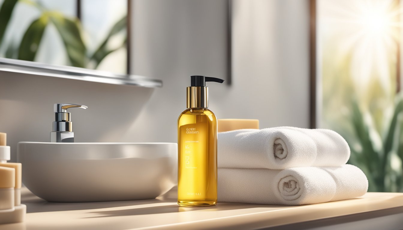 A bottle of vitamin E oil sitting on a bathroom counter, surrounded by various skincare products and a soft towel. A beam of sunlight highlights the bottle