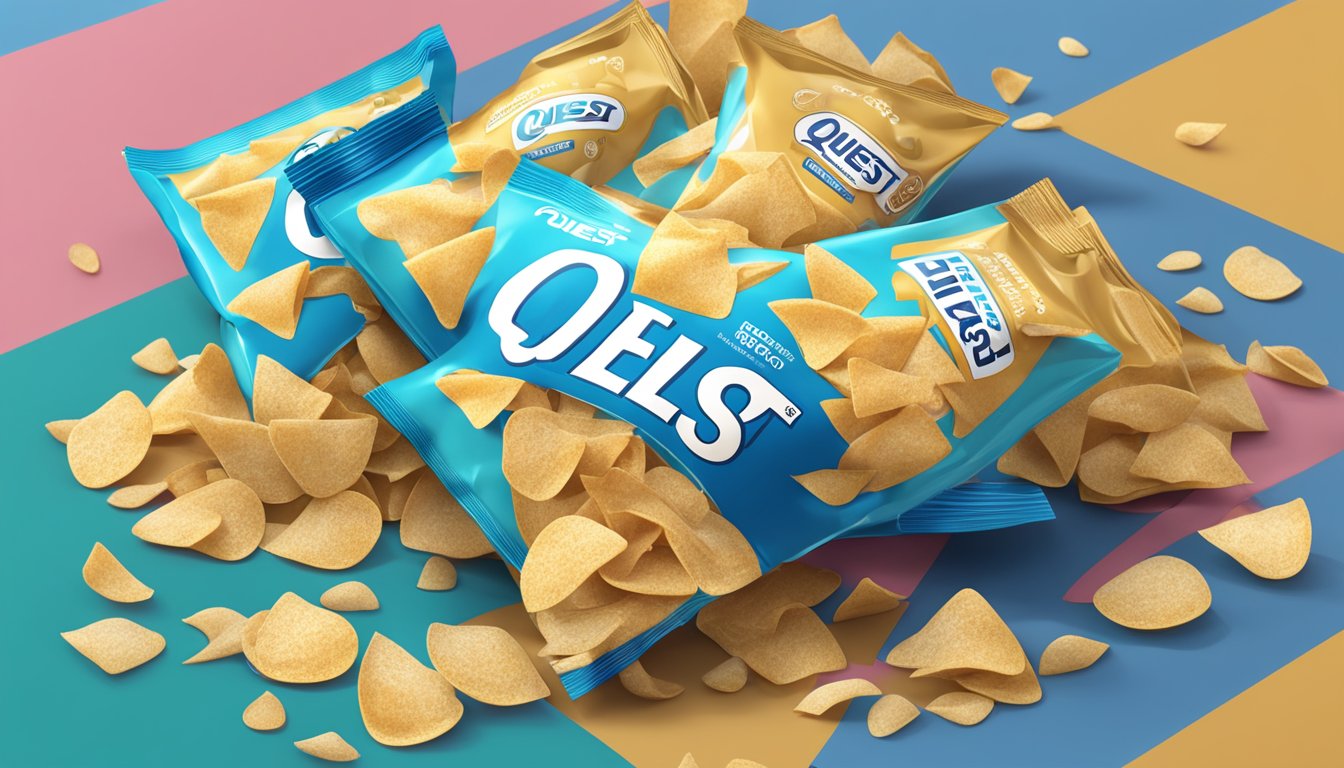 A pile of empty Quest protein chip bags, scattered around an open bag with a few remaining chips inside