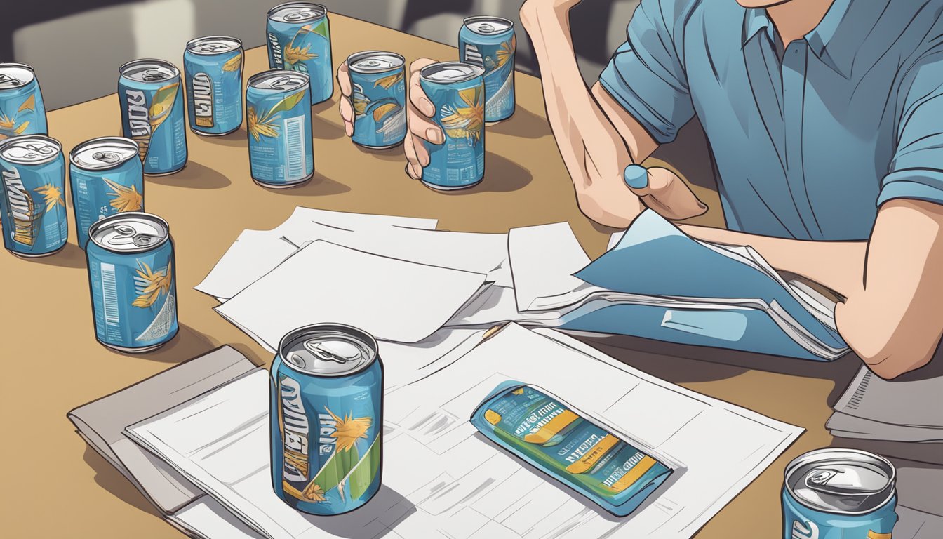 A table with multiple empty and half-empty cans of AminoLean energy drink, surrounded by scattered papers with health information and a concerned expression on a person's face