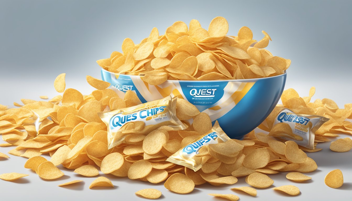 A pile of Quest protein chips overflowing from a bowl, surrounded by empty chip bags