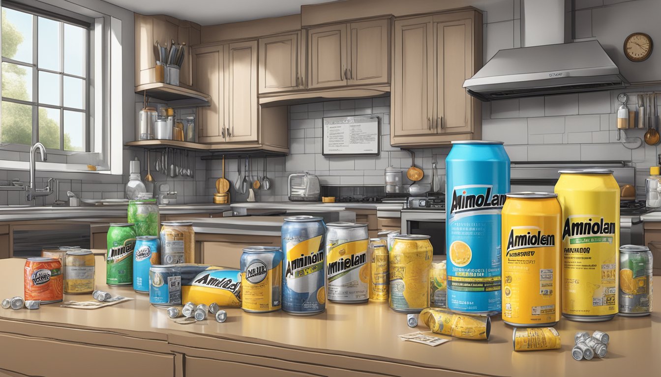 A cluttered kitchen counter with multiple empty and partially consumed cans of Aminolean energy drink, surrounded by caution signs and warning labels