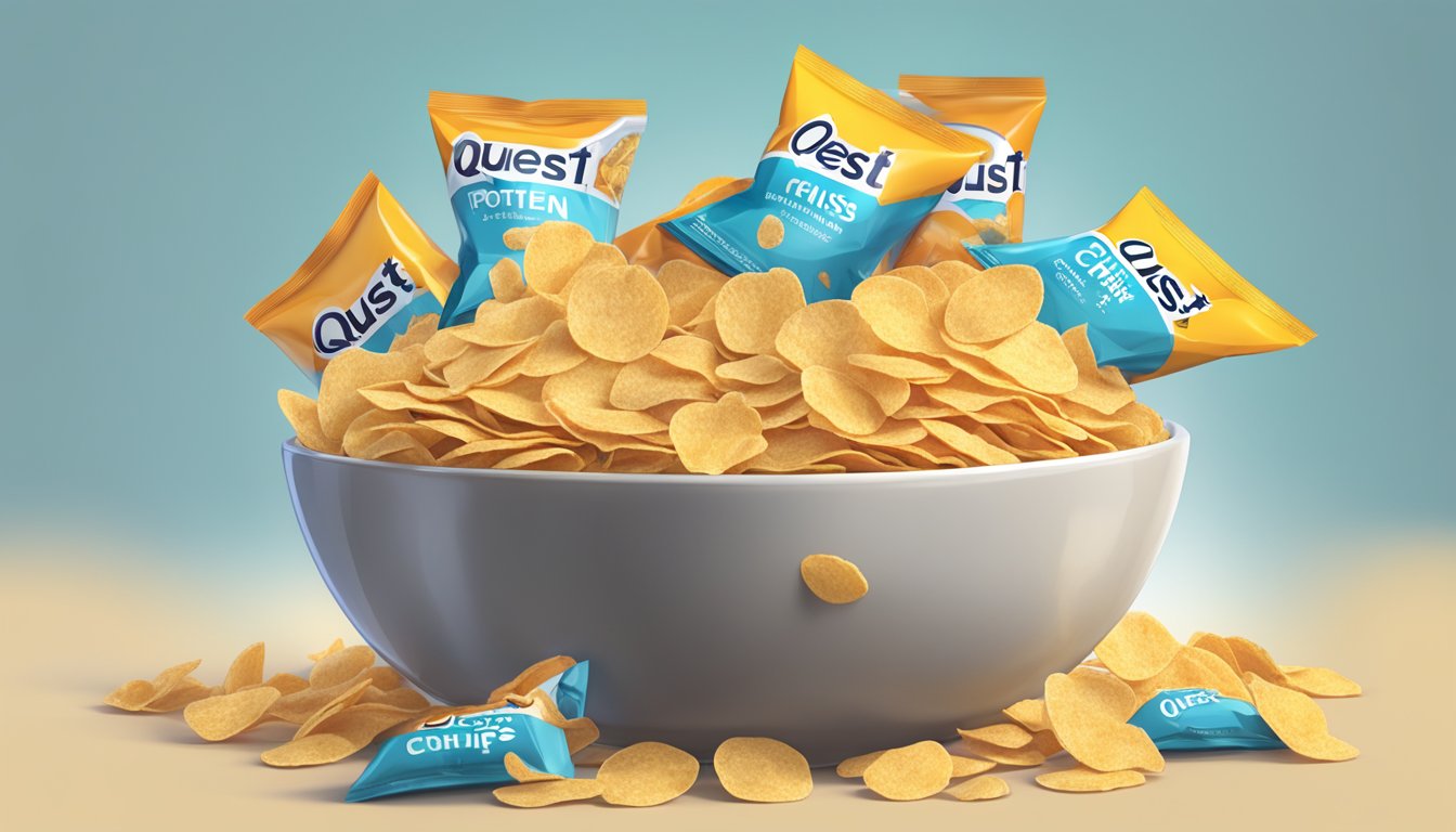 A bowl overflowing with Quest Protein Chips, with multiple empty chip bags scattered around, indicating excessive consumption