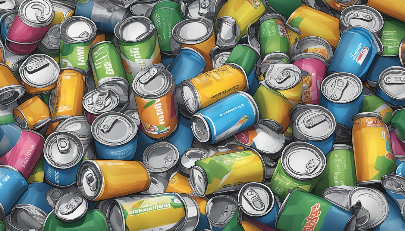 A cluttered kitchen counter with multiple empty and half-empty AminoLean energy drink cans scattered around