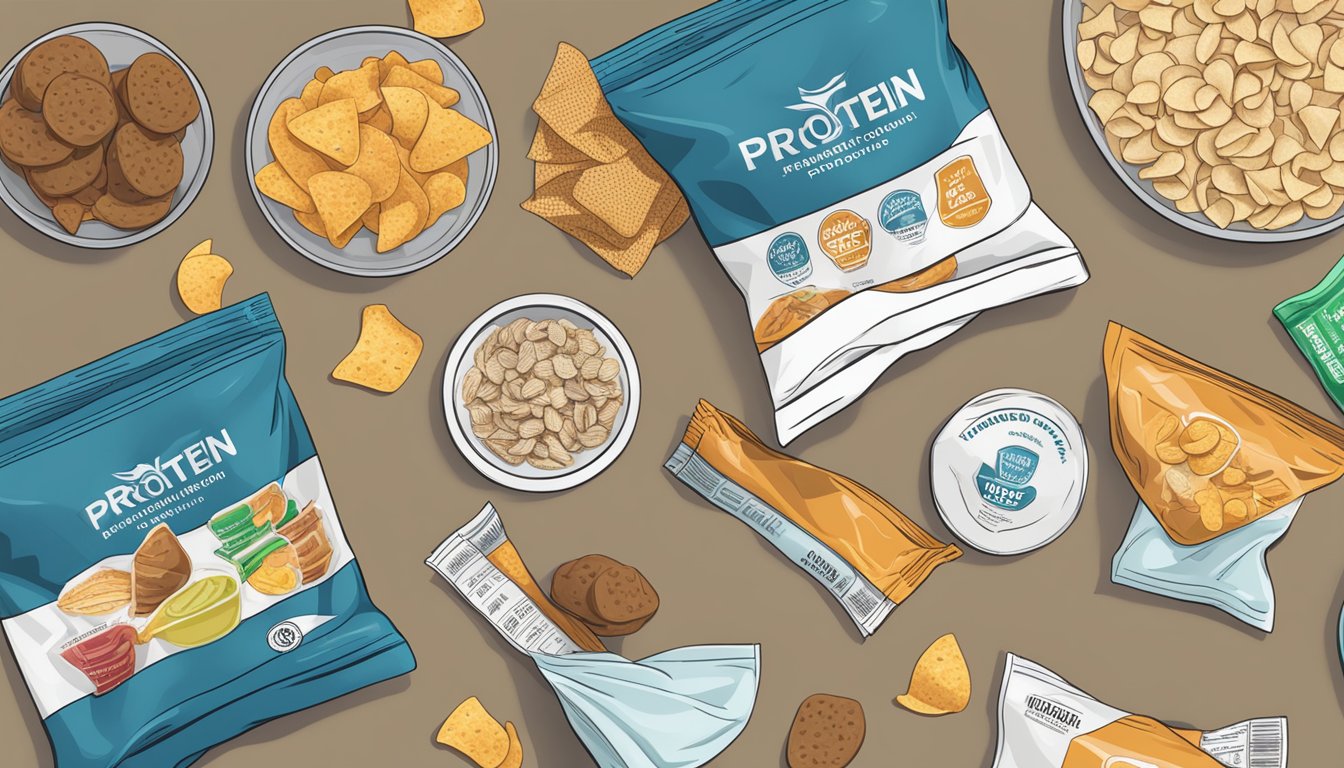 A table with various snack bags, a nutrition label, and a hand holding a small pile of protein chips