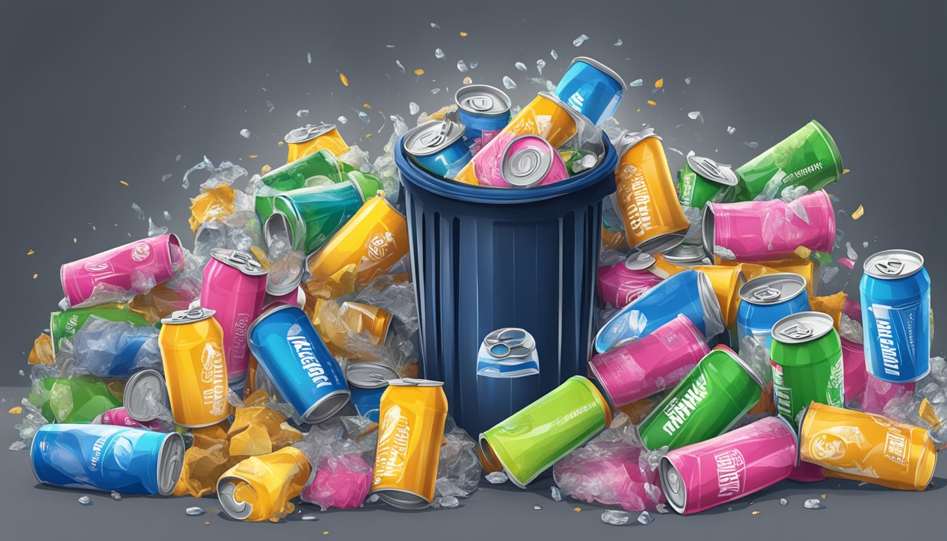 An overflowing trash can with empty aminolean energy drink cans scattered around it