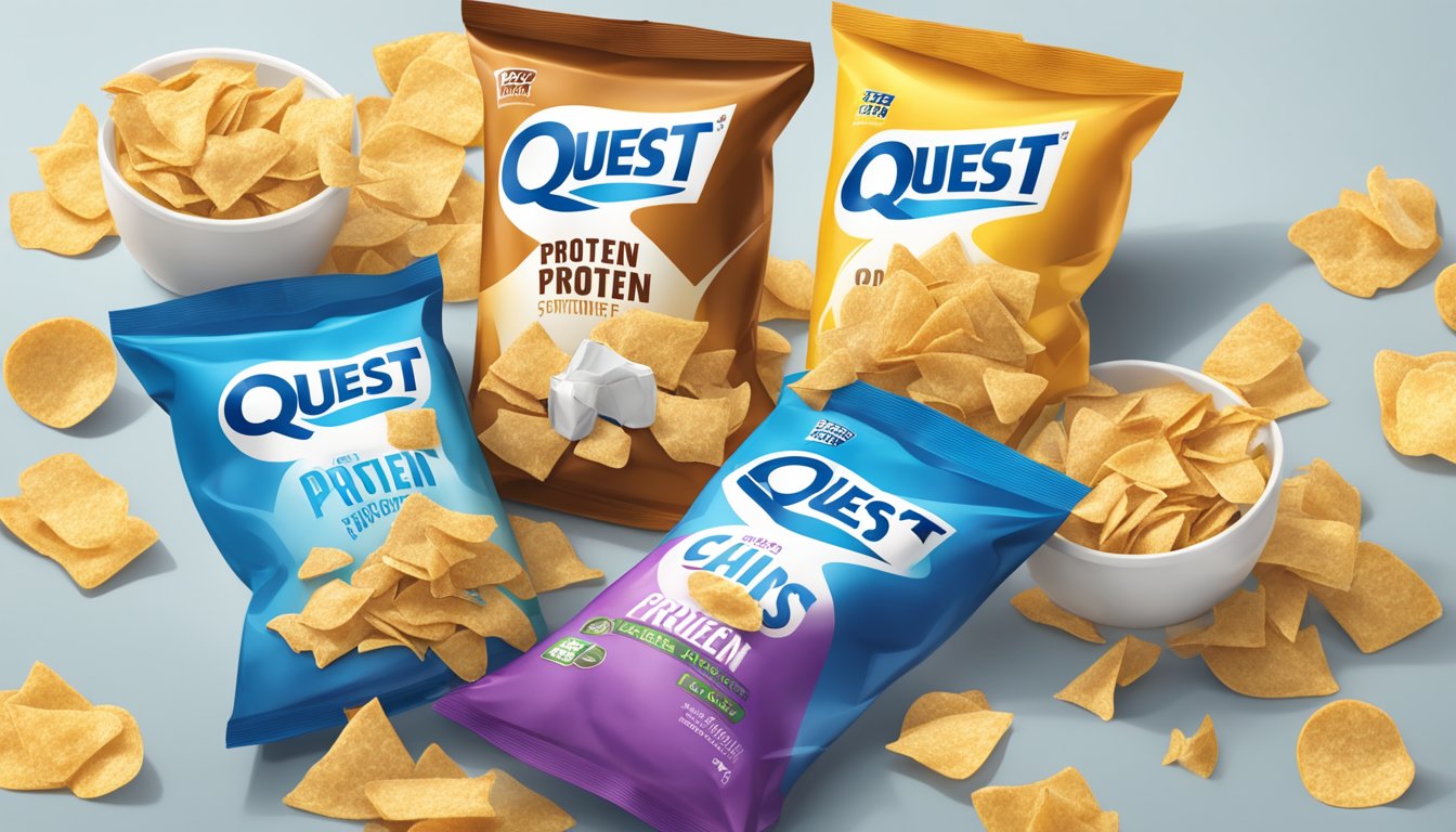 A pile of Quest protein chips spilling out of an overturned bag, surrounded by empty chip bags and a concerned consumer