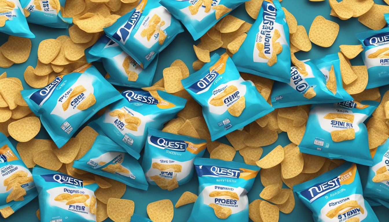 A mountain of empty Quest protein chip bags, scattered across a table, with a few chips spilling out of the last bag