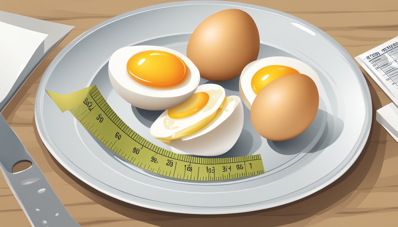 A plate with a stack of eggs, a measuring tool, and a dietary chart