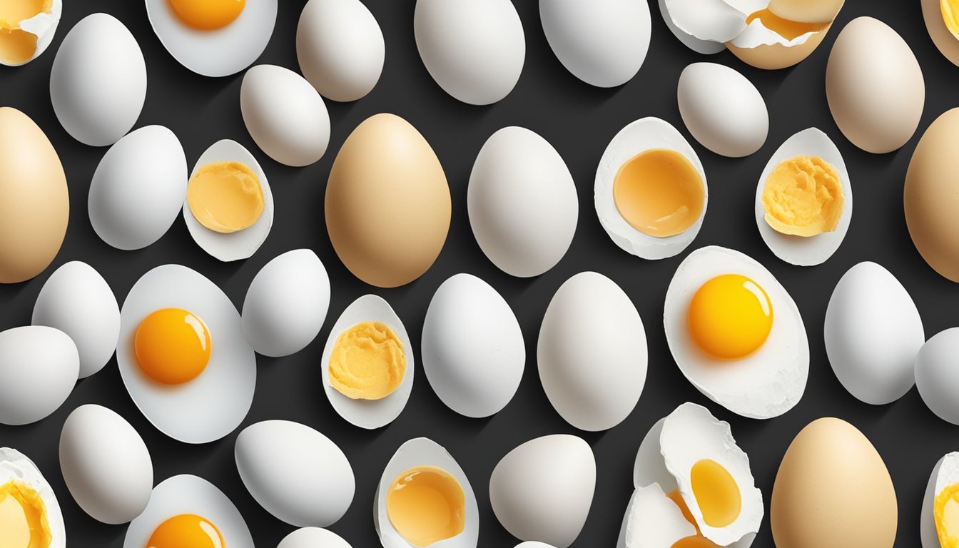 A dozen eggs arranged in a neat row, with some cracked open to reveal the yolks and whites inside. A few eggs are shown in various stages of cooking, from raw to fully cooked