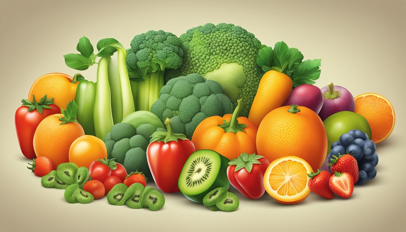 A colorful array of fruits and vegetables, such as oranges, strawberries, kiwi, bell peppers, and broccoli, arranged on a table