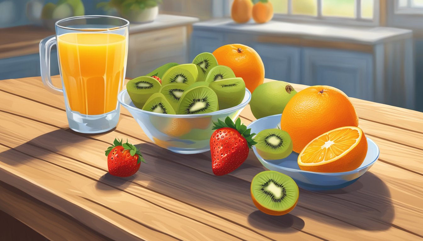 A bowl of fresh fruits, including oranges, strawberries, and kiwi, sits on a wooden table next to a glass of orange juice