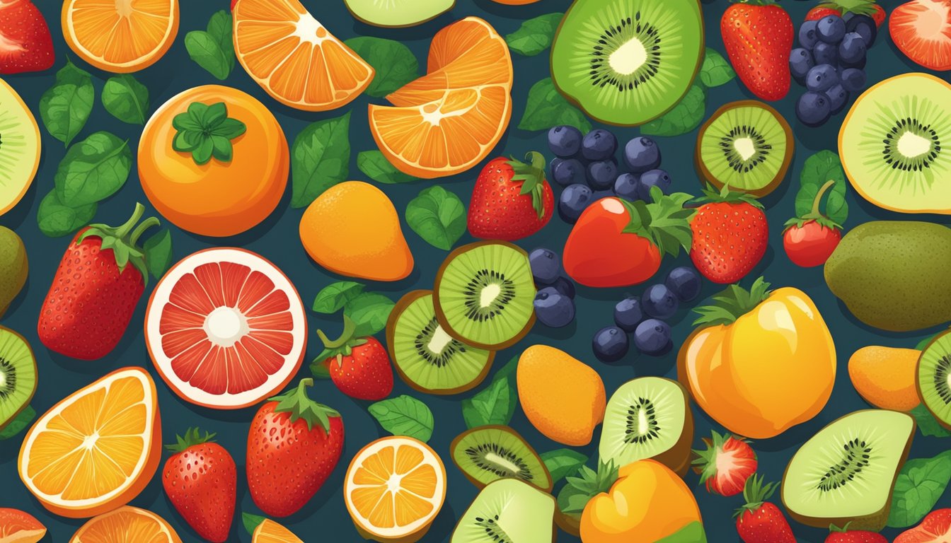 A colorful array of fruits and vegetables, including oranges, strawberries, bell peppers, and kiwi, arranged on a table