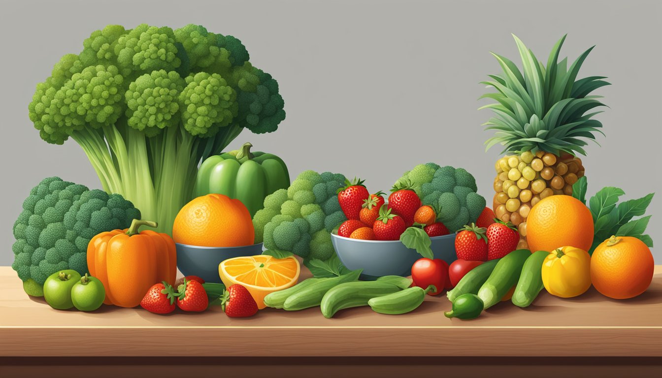 A variety of colorful fruits and vegetables arranged on a table, including oranges, strawberries, bell peppers, and broccoli