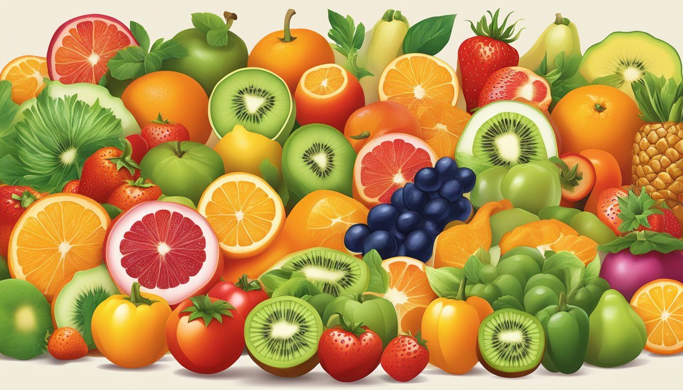 A colorful array of fruits and vegetables, such as oranges, strawberries, bell peppers, and kiwi, arranged on a table