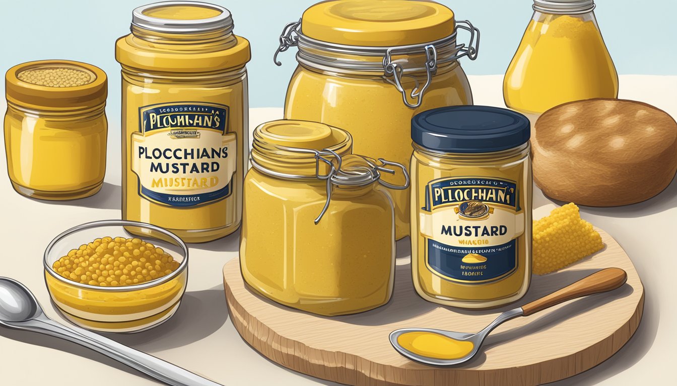 A jar of Plochman's Premium Yellow Mustard surrounded by various food items and a measuring spoon