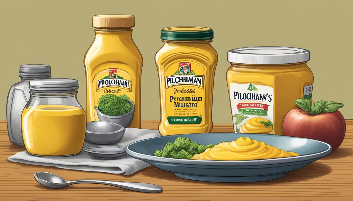 A kitchen table with a plate of food, a bottle of Plochman's Premium Yellow Mustard, and a measuring spoon