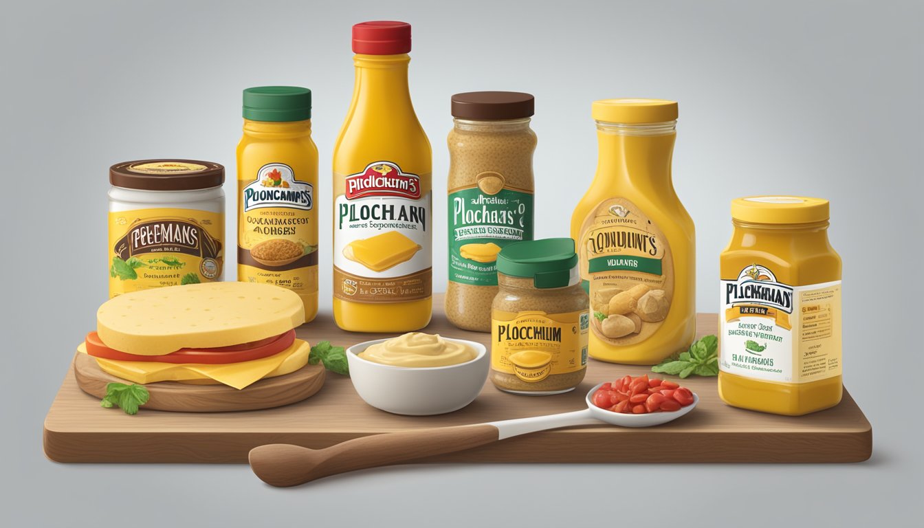 A table with various foods and condiments, including a bottle of Plochman's Premium Yellow Mustard. A nutrition label and a measuring spoon are nearby for reference