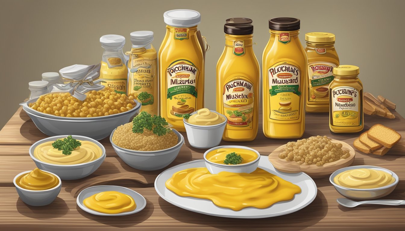 A table set with various dishes, each containing a generous amount of Plochman's Premium Yellow Mustard, with bottles of mustard scattered around