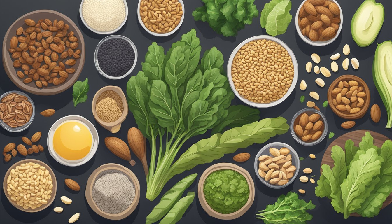 A variety of magnesium-rich foods displayed on a table, including leafy greens, nuts, seeds, and whole grains