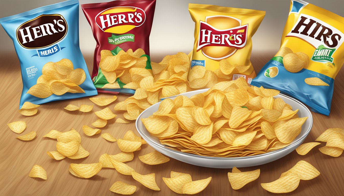 A bowl of Herr's potato chips overflowing onto a table, surrounded by empty chip bags