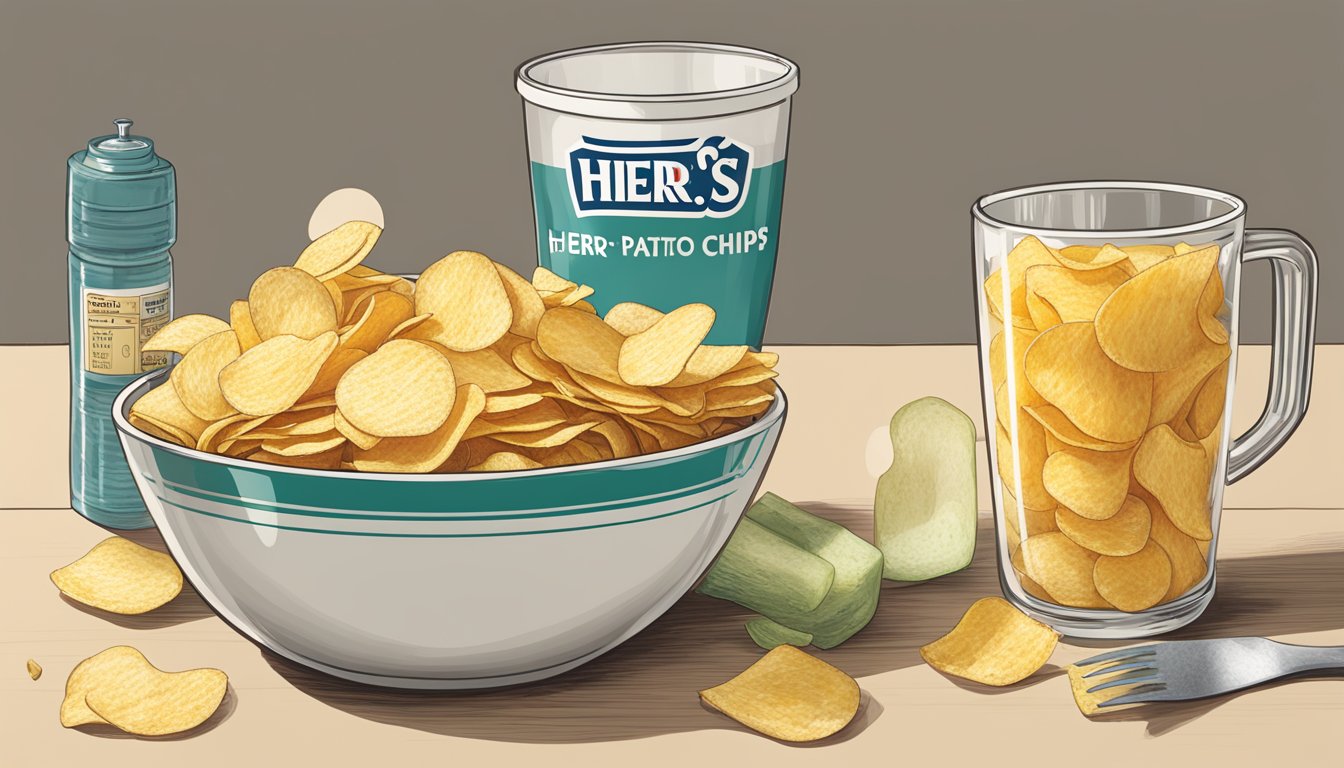 A bowl of Herr's Potato Chips sits next to a measuring cup, with a serving size of chips poured out next to it