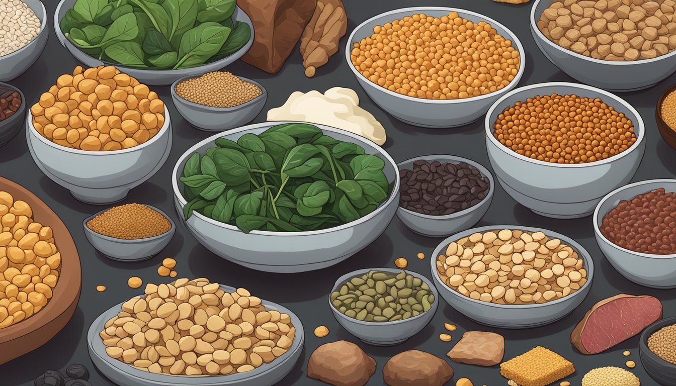 A variety of iron-rich foods arranged on a table, including spinach, red meat, lentils, and fortified cereals