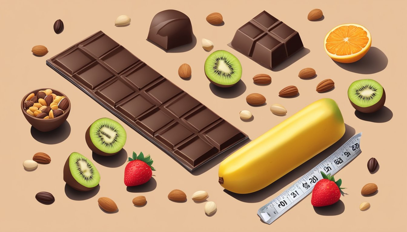 A bar of chocolate surrounded by a variety of fresh fruits and nuts, with a measuring tape wrapped around it to suggest portion control