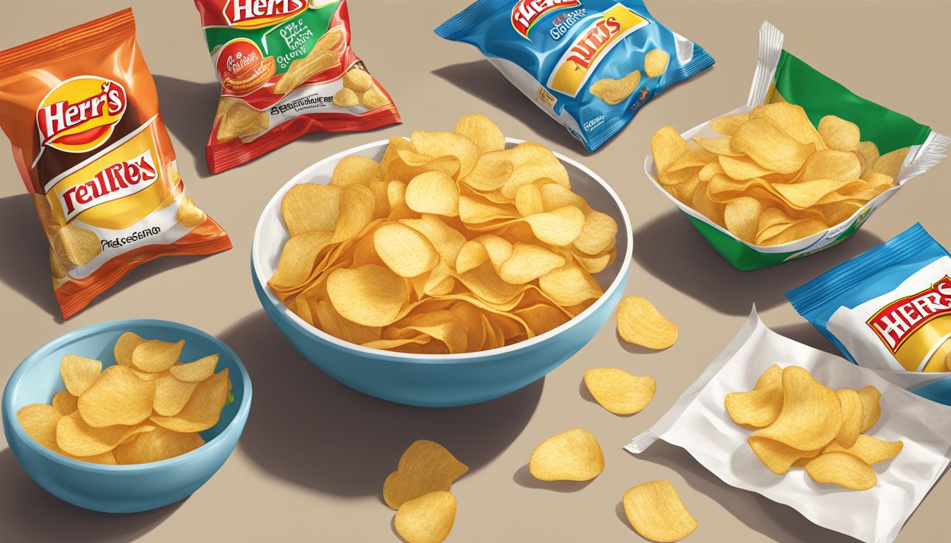 A bowl of Herr's potato chips overflowing on a table, surrounded by empty bags