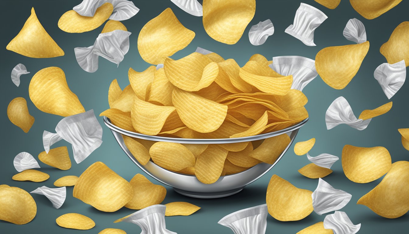 A bag of Herr's potato chips overflowing from a bowl, surrounded by empty chip wrappers