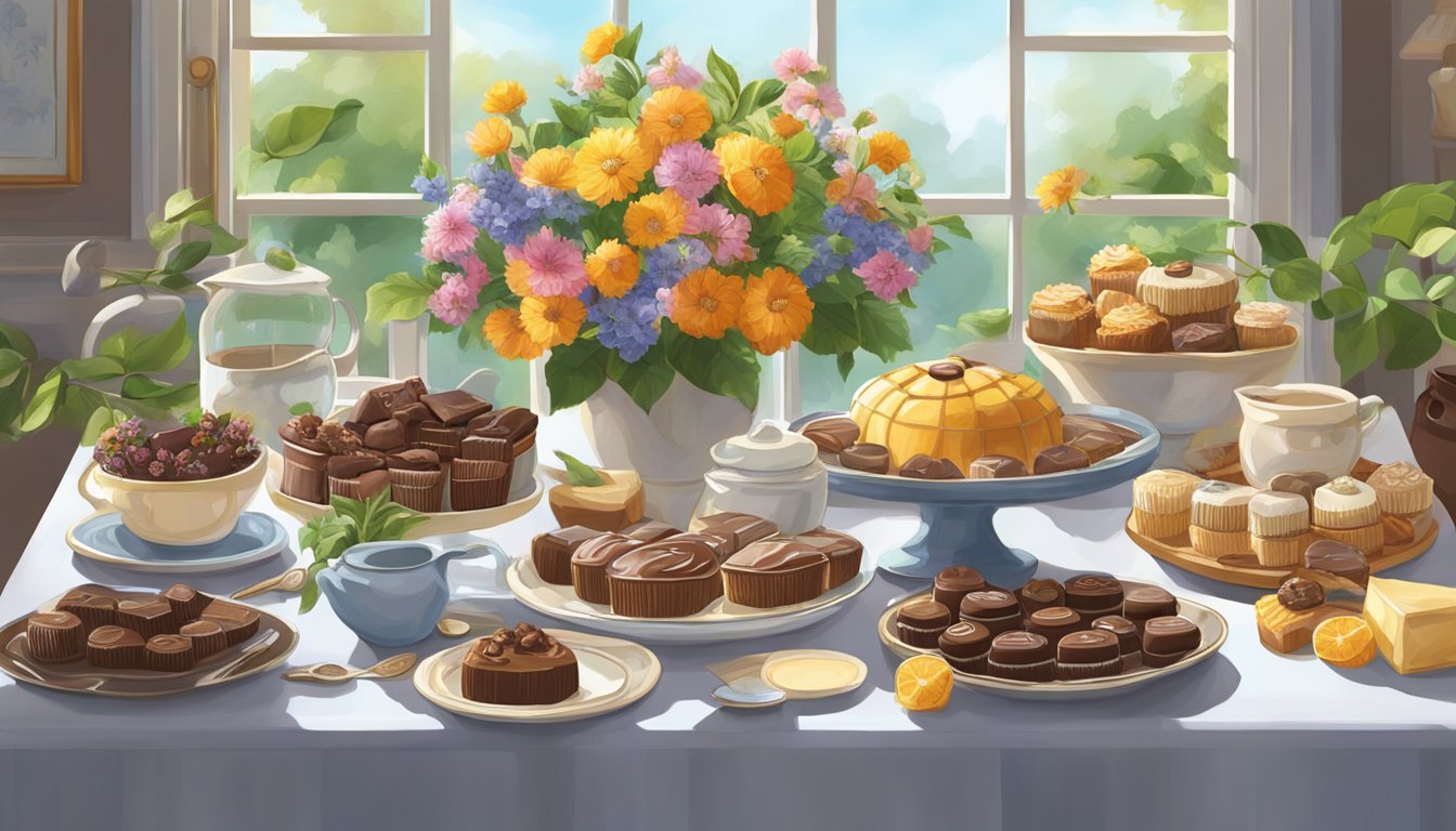 A serene, sunlit kitchen table adorned with an array of decadent chocolates in various forms and flavors, surrounded by lush greenery and blooming flowers