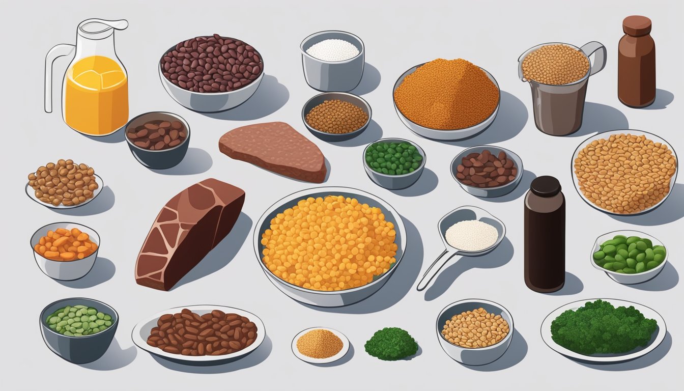 A variety of iron-rich foods arranged on a table, including red meat, leafy greens, beans, and fortified cereals. A measuring cup filled with iron supplements sits next to the food