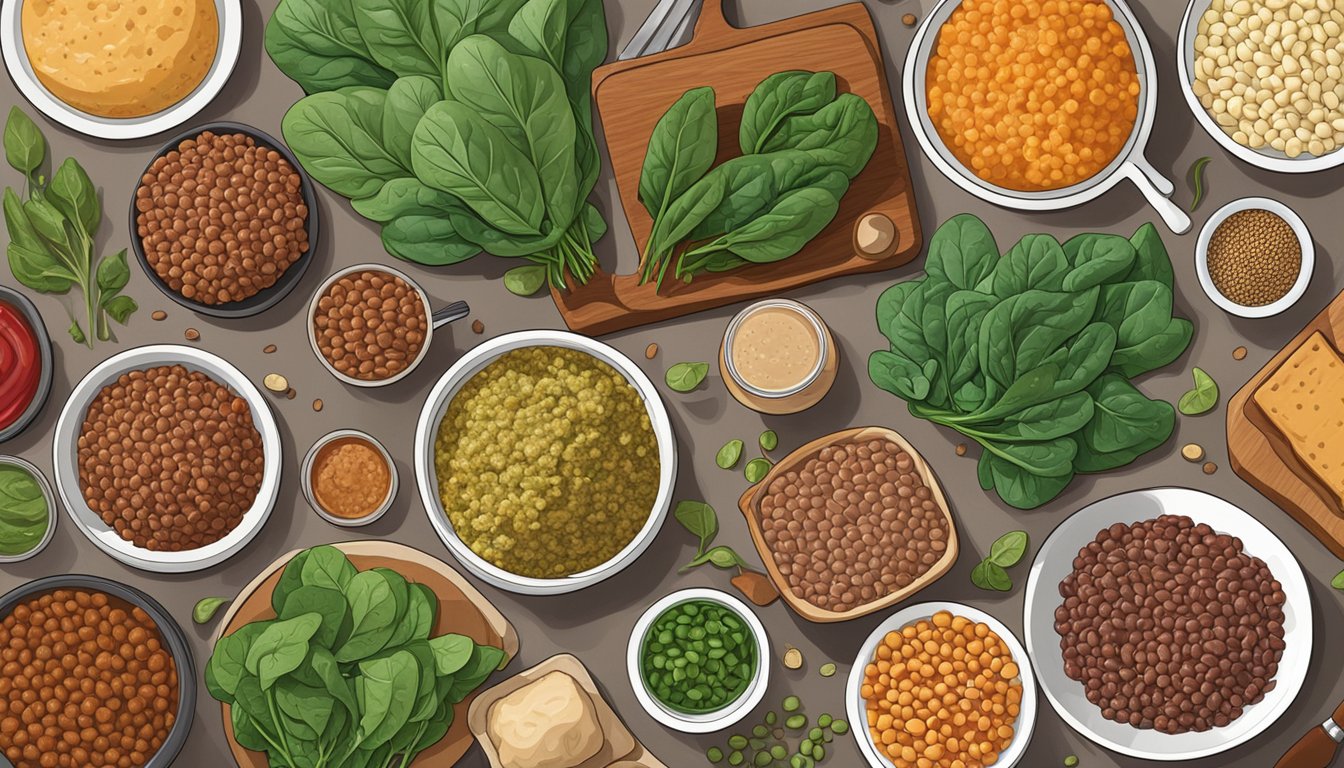 A variety of iron-rich foods such as spinach, lentils, and red meat spread out on a dining table