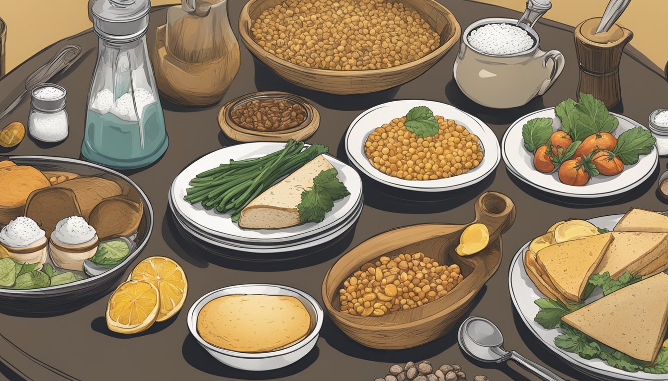 A table with a variety of foods, some labeled with salt shakers and others with a "limit" symbol