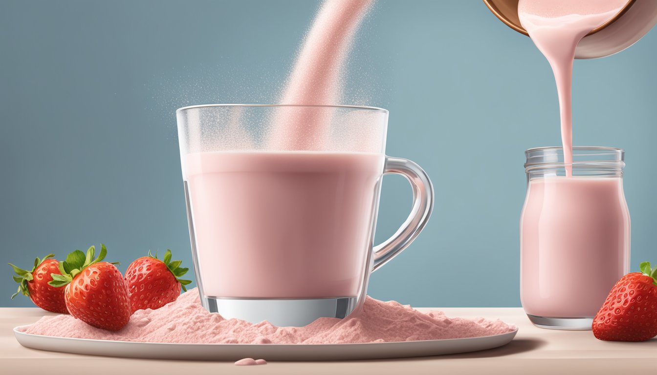 A large spoon overflowing with Nesquik strawberry milk powder being poured into a glass of milk