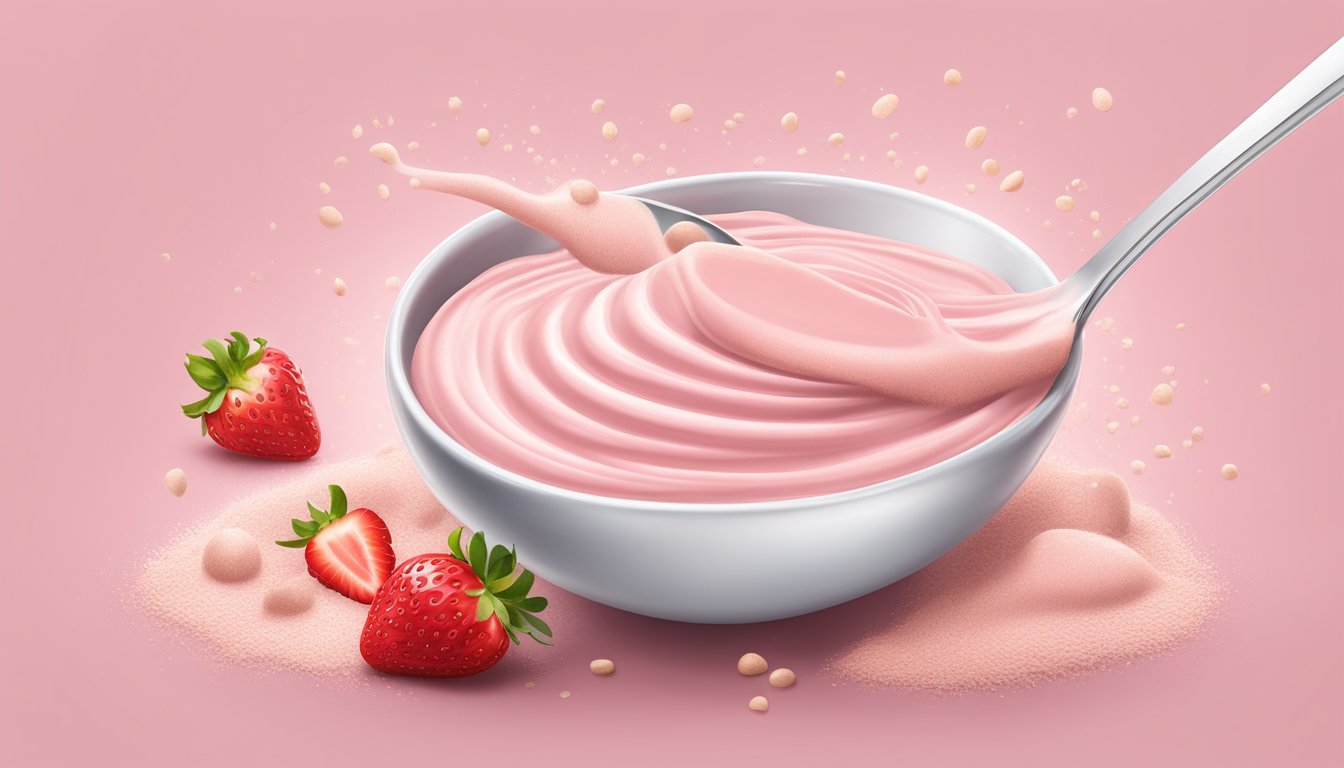 A spoon overflowing with Nesquik strawberry milk powder