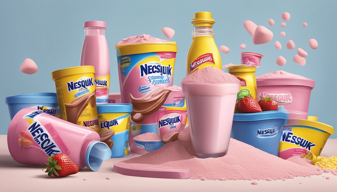 A towering pile of Nesquik strawberry milk powder spills from an overflowing measuring cup, surrounded by empty containers of other Nesquik products