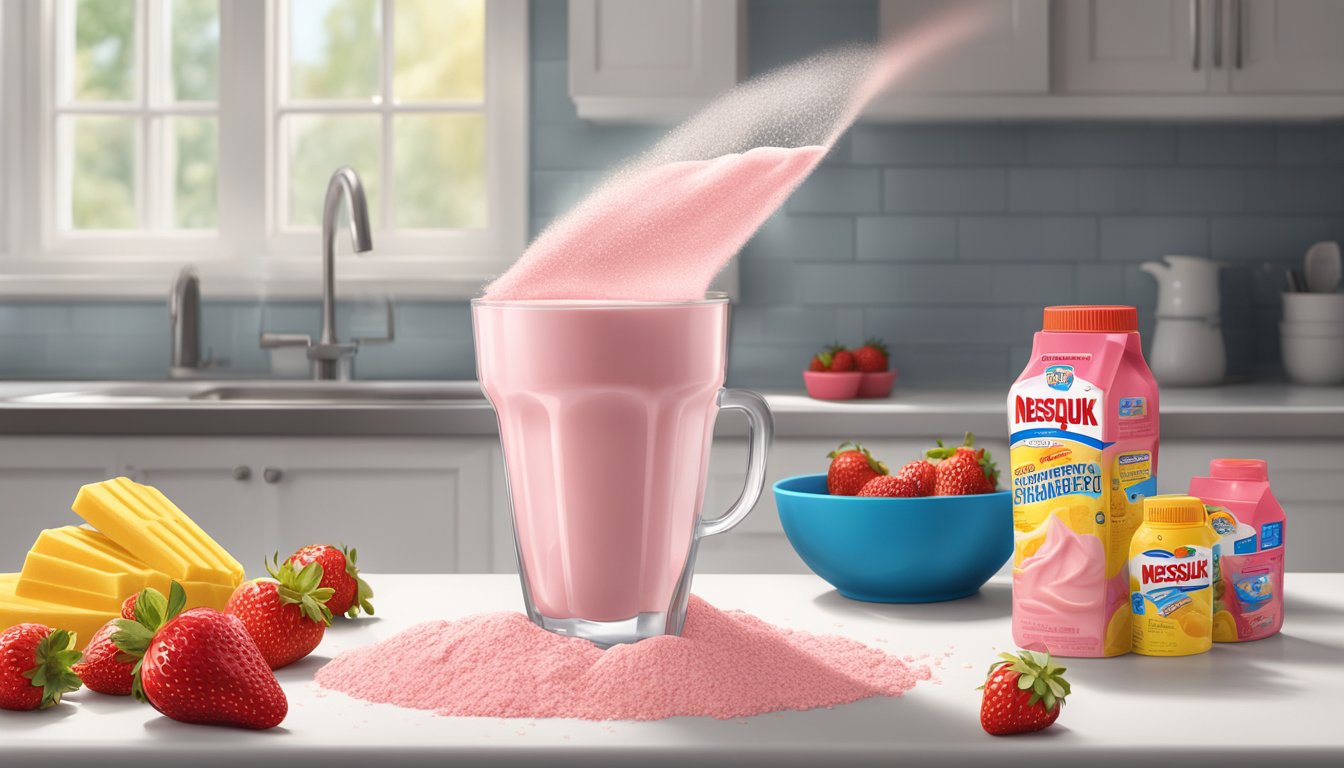 A mountain of Nesquik strawberry milk powder spilling from an overflowing measuring cup onto a kitchen counter