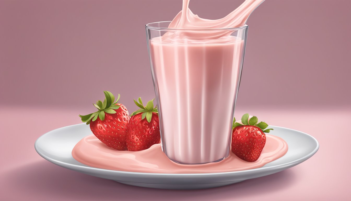 A large, overflowing spoonful of Nesquik strawberry milk powder being poured into a glass of milk