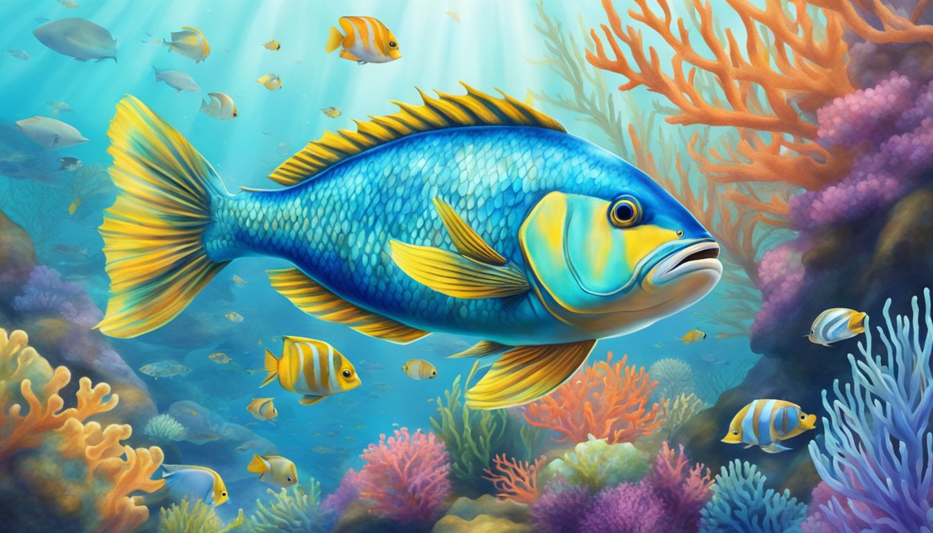 A fish swimming in a clear, blue ocean, surrounded by colorful coral and other marine life