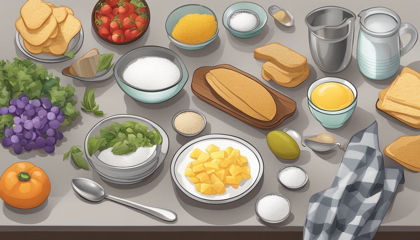 A kitchen table with various food items, a salt shaker, and a measuring spoon