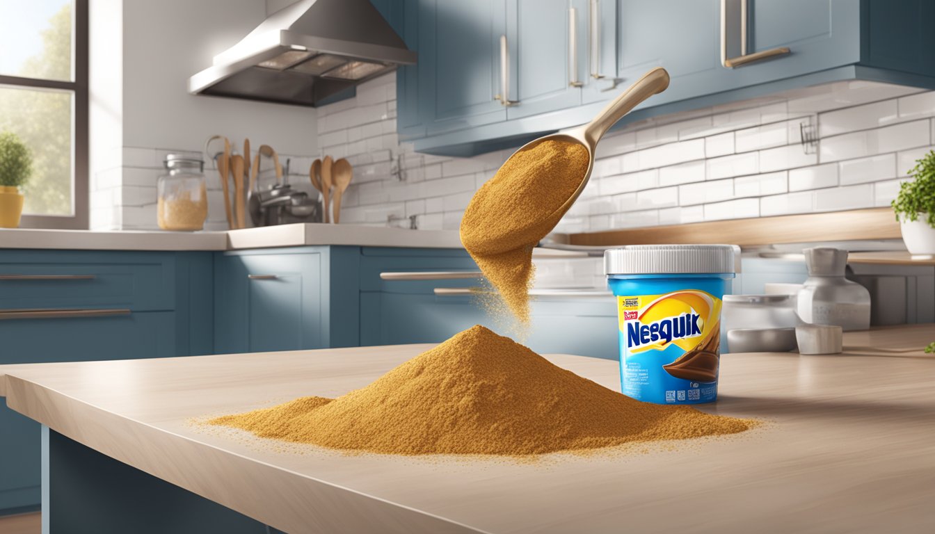 A large spoon overflowing with Nesquik powder, spilling onto a kitchen counter