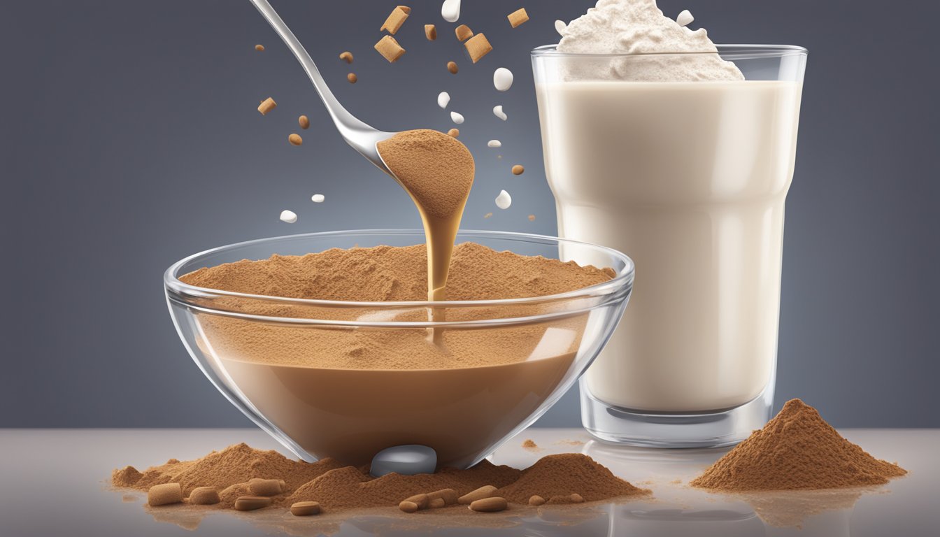 A large spoon pouring excessive Nesquik powder into a glass of milk