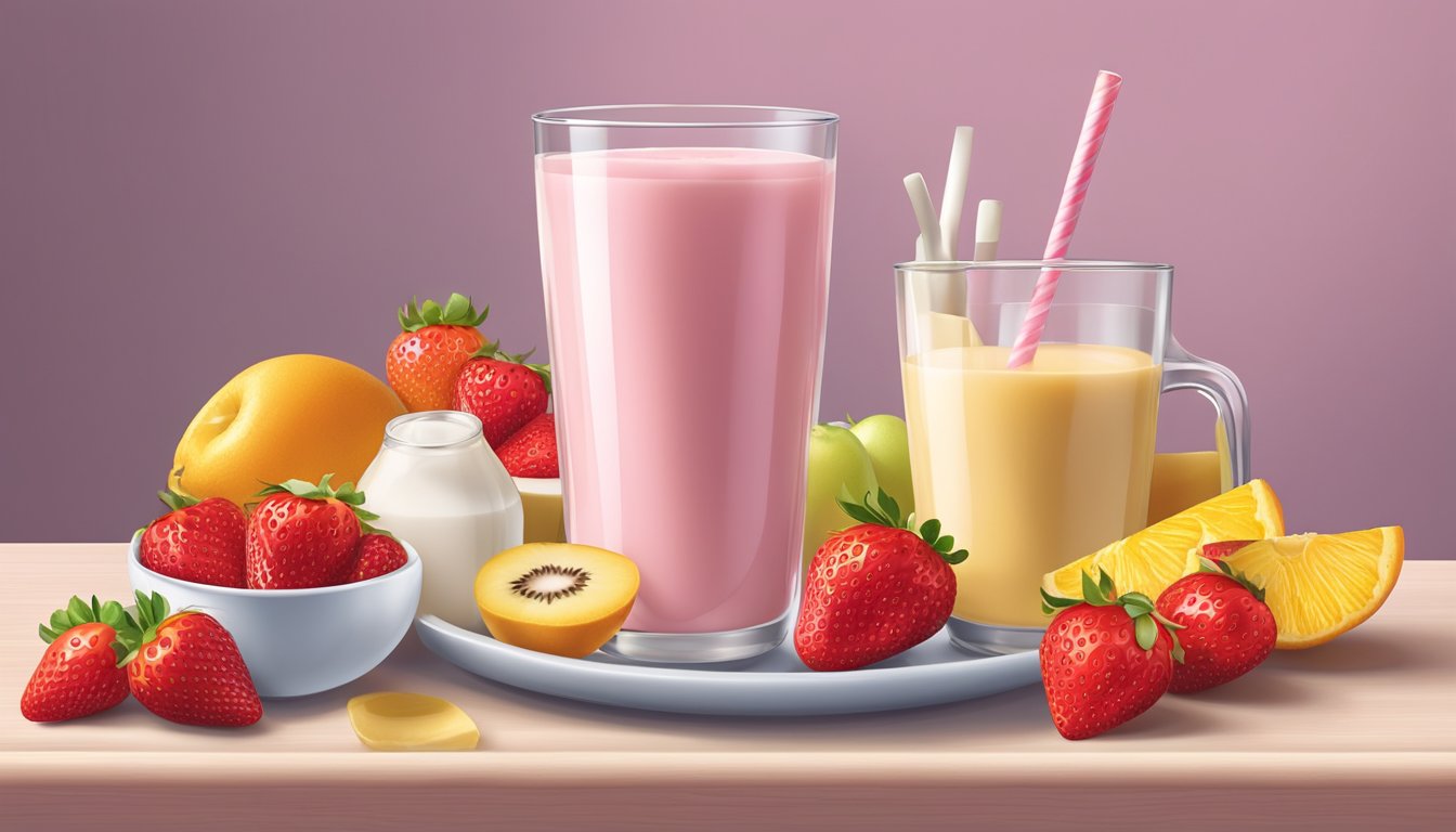 A table with a glass of Nesquik strawberry milk and a measuring spoon, surrounded by various fruits and dairy products