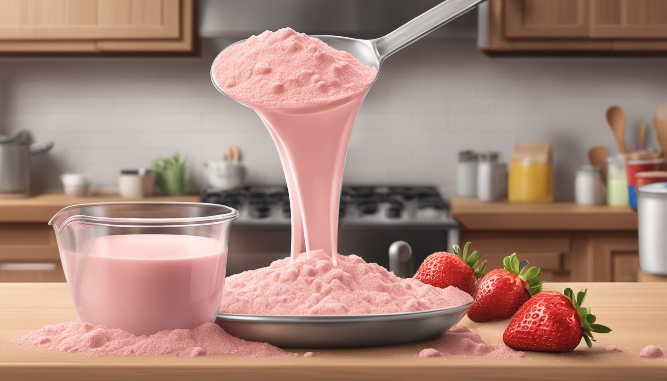 A large pile of Nesquik strawberry milk powder spilling out of an overflowing measuring cup onto a kitchen counter