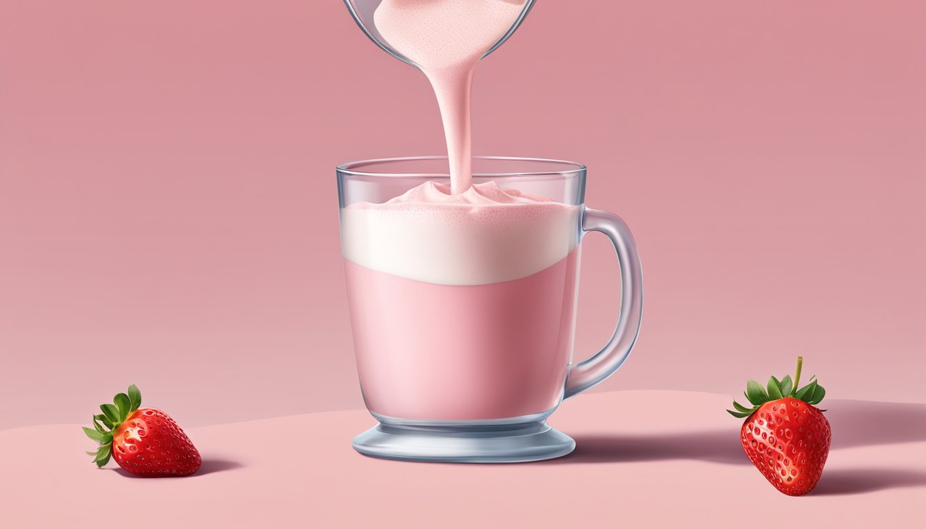 A large spoonful of Nesquik strawberry milk powder pouring into a glass of milk