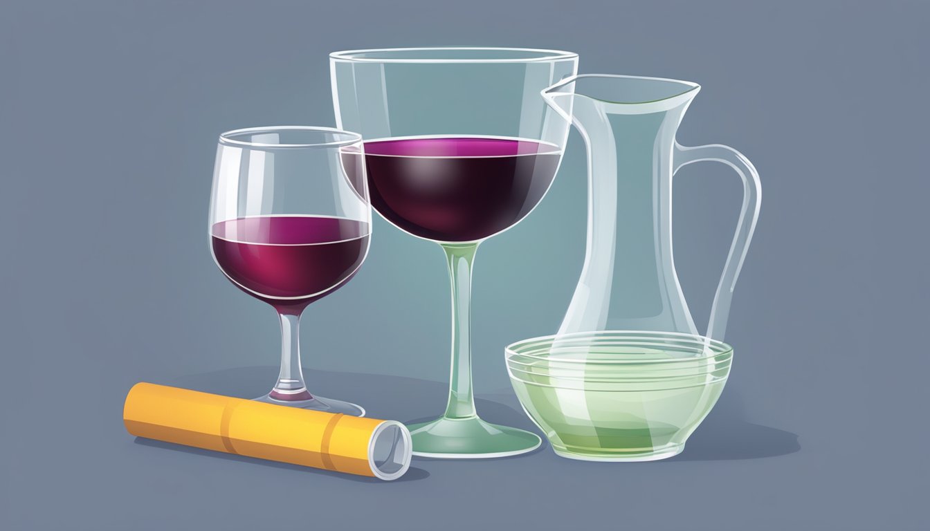 A glass of wine next to a measuring cup, with a line drawn at the moderate consumption level