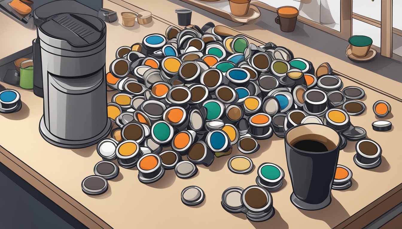 A cluttered countertop with multiple empty Nespresso capsules and an overflowing trash can