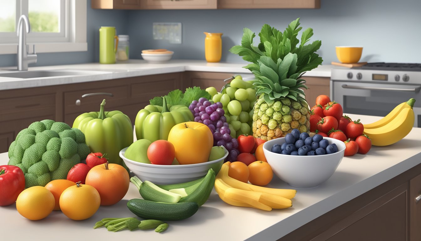 A colorful array of fruits and vegetables on a kitchen counter, with a measuring cup filled with sugar next to a recommended daily intake guideline