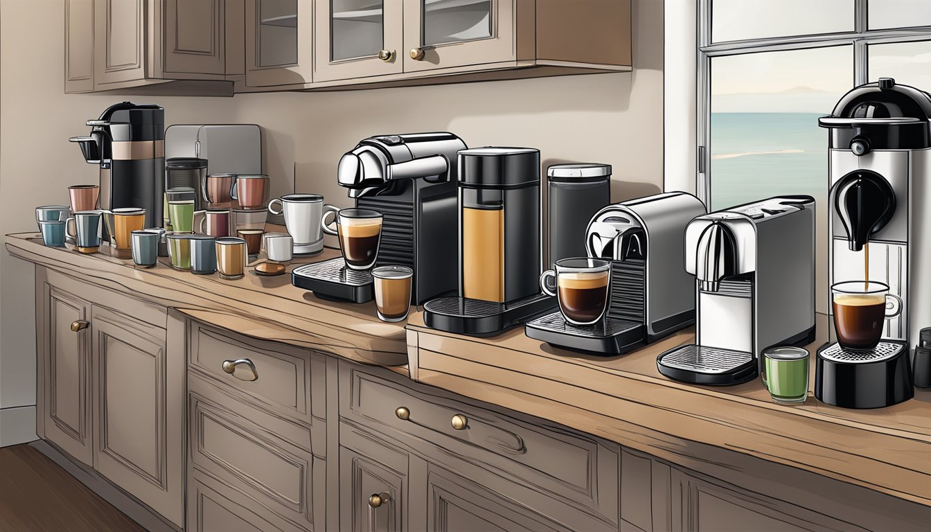 A cluttered kitchen counter with multiple Nespresso machines and overflowing pods