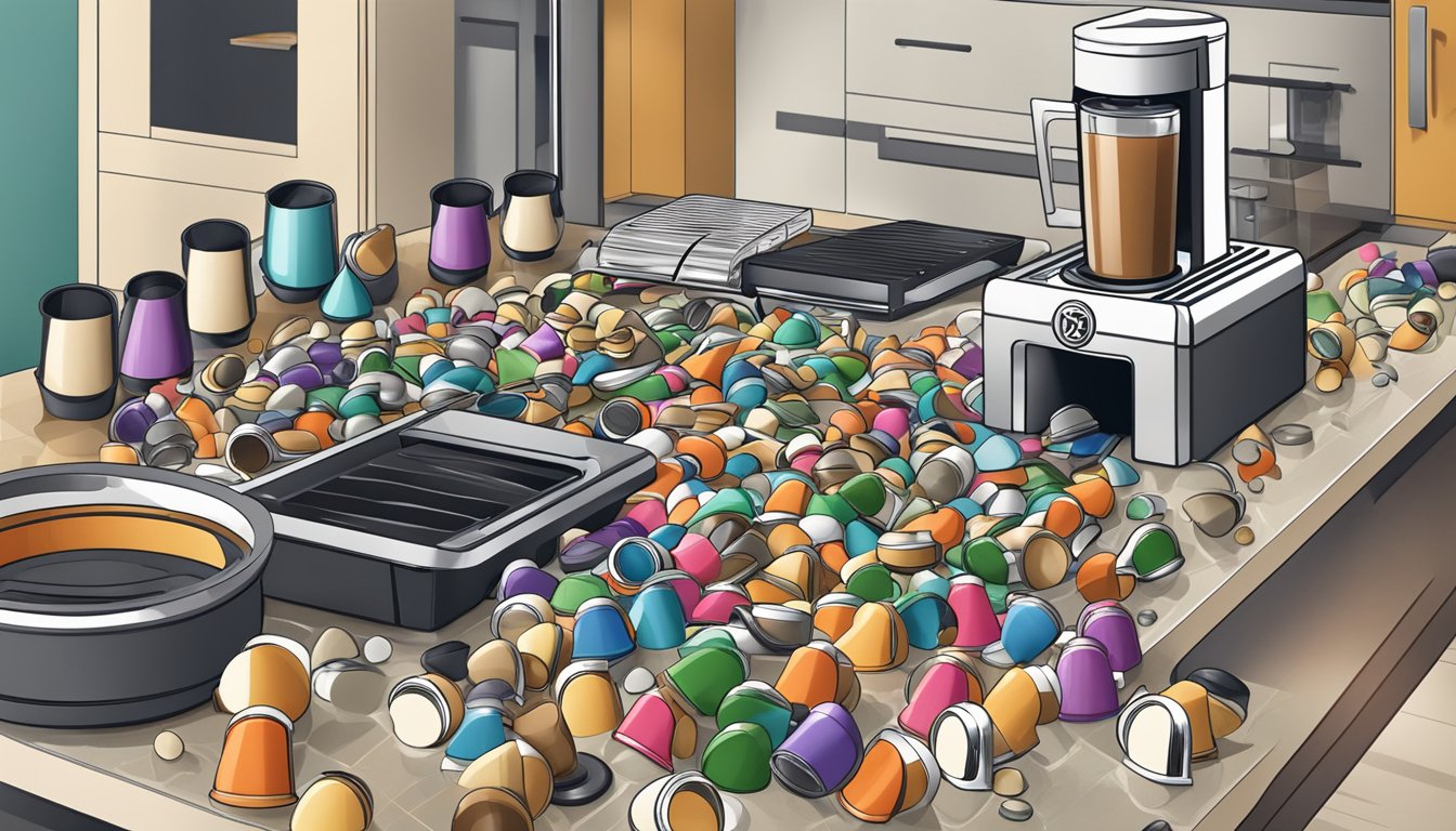 A kitchen counter with a Nespresso machine and multiple used capsules scattered around, indicating excessive consumption